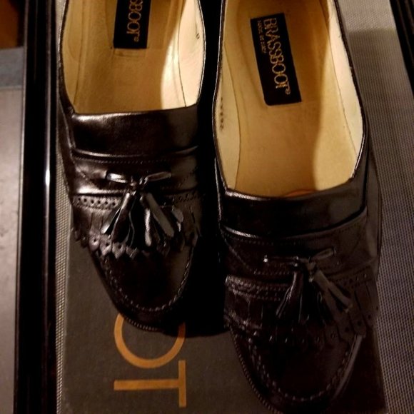 Brass Boot Black Leather Loafer with Fringe, Made in Italy, Size 8.5 D